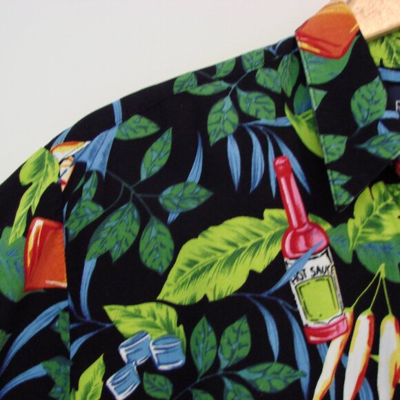 Hawaiian Button Shirt Loose Hot Sauce Drinks Cocktails Black Green Blue Medium - Picture 5 of 13